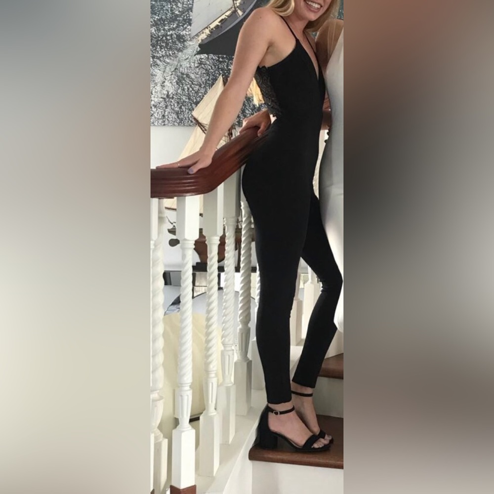 Deep V open back lace jumpsuit - sexy fitted stretchy